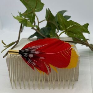 Vintage 1980s Feather Hair Comb Red Yellow Black White Polka Dot